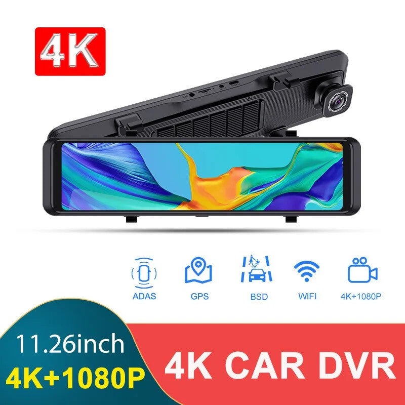 11.26" 4K Car Dash Cam Rearview Mirror Camera – Touchscreen, GPS, ADAS, BSD, WiFi, Night Vision