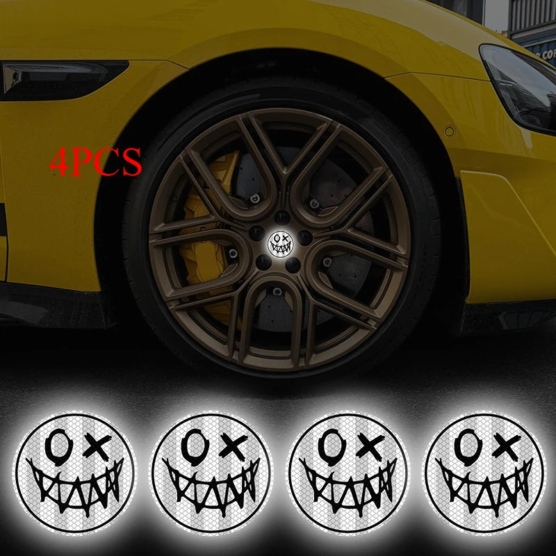 4PCS Reflective Smiling Face Car Stickers Waterproof Night Driving Safety Warning Vinyl Decals for DIY Car Truck SUV Wheel Hubs ATS Car Design