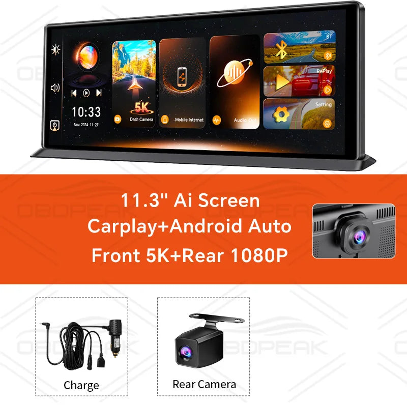 OBDPEAK K8 Pro Front 5K Rear 1080P Dash Cam Camera 11.3" Touch Ai Screen Carplay & Android Auto GPS Navigation Night Vision DVR ATS Car Design