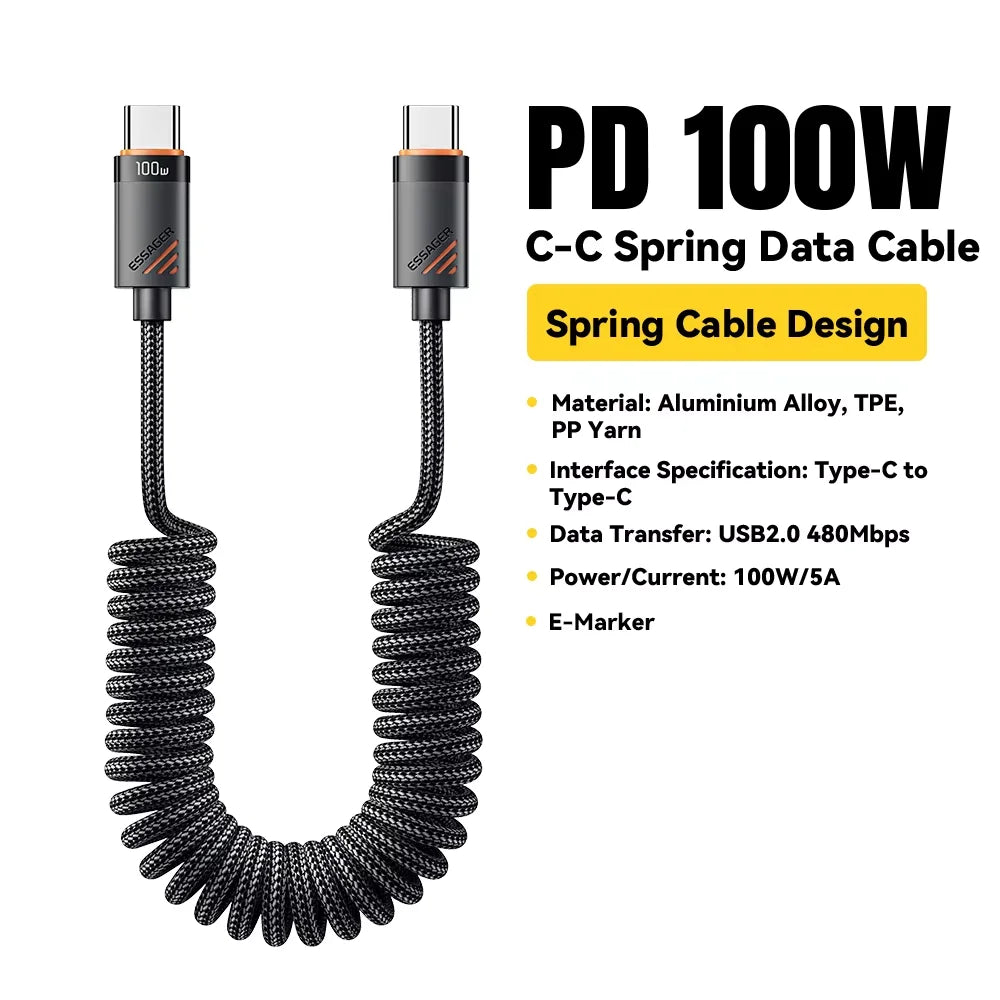 Essager Car Spring Type C Cable  For iPhone 16 15 Xiaomi Samsung 100W PD Fast Charging For Macbook iPad Type C to Type C Cable ATS Car Design