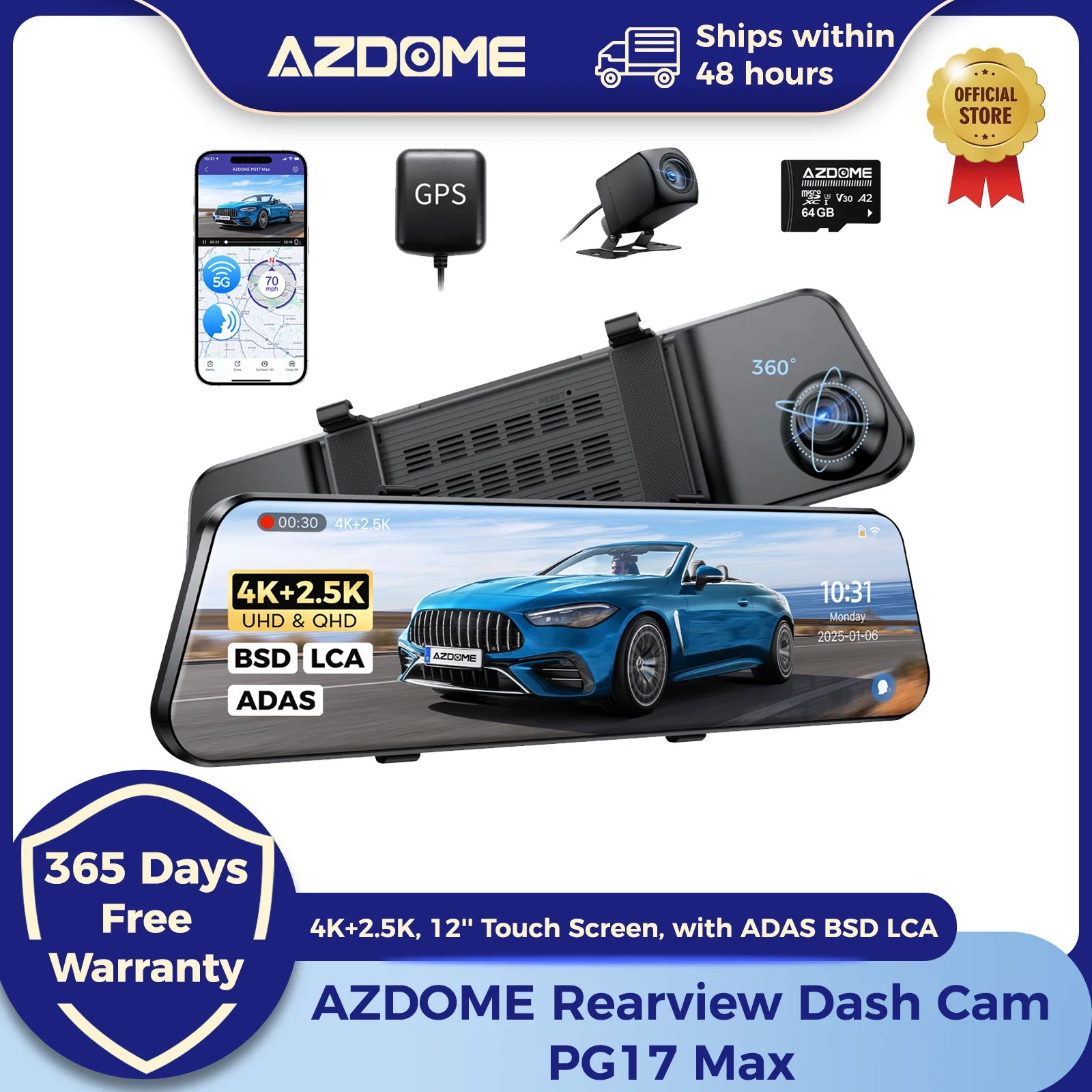 AZDOME PG17 Max 4K+2.5K Rearview Dash Cam 12'' Touch Screen Mirror Dash Cam with ADAS BSD LCA Car DVR Loop Recording 24H Parking ATS Car Design