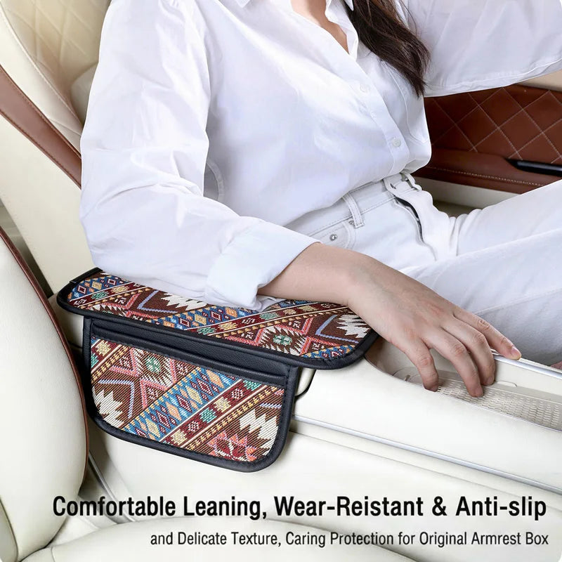 1PC Double pocket ethnic style patterned car center console armrest pad, breathable and non slip, car interior accessories ATS Car Design