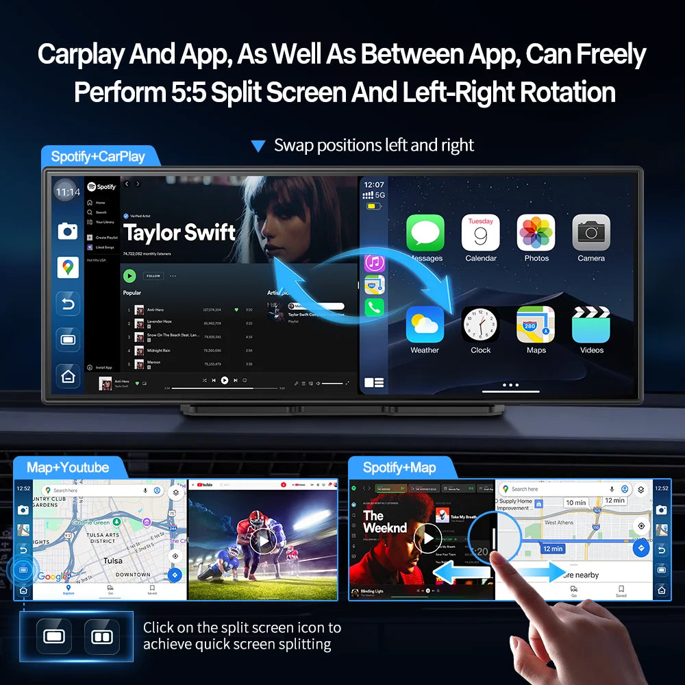 Imagebon P70 11.4" Android 14 8Core DVR Triple-view Camera Carplay/App:App Split Screen Recorder Youtube Spotify AI Dash Cam ATS Car Design