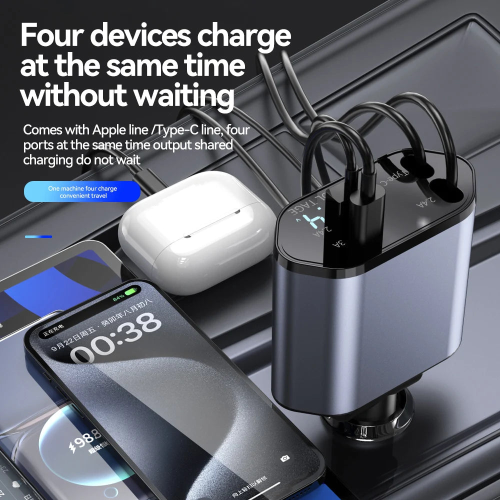 Retractable Car Charger 4 in 1 Fast Charging Car Charger 120W Dual Type-C Retractable Cable and 2 USB Ports Car Charger Adapter ATS Car Design