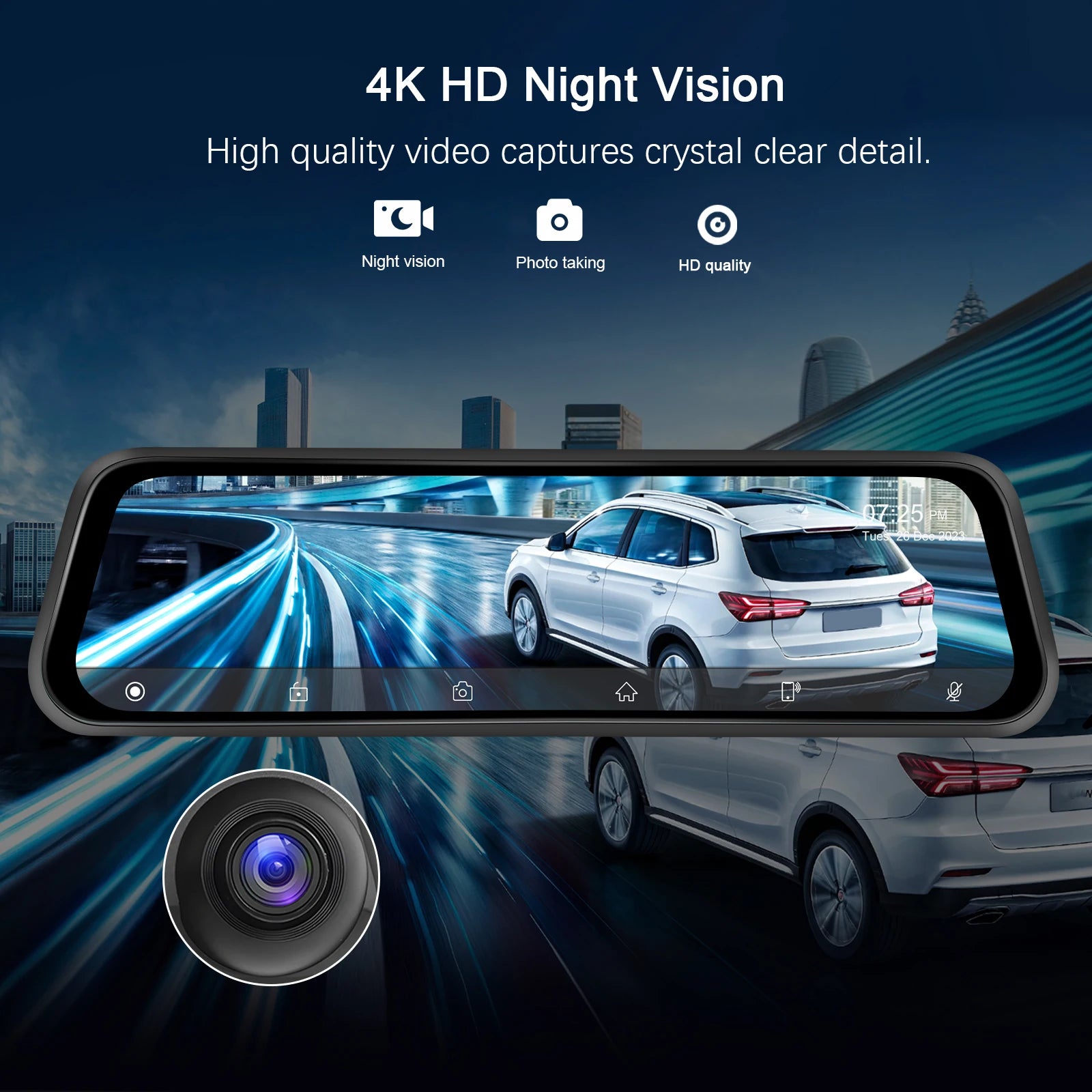 Podofo 12 ''Car Mirror Monitor 4K Ultra HD Recording Front Camera Car DVR Carplay Android Auto WIFI Voice Control Two-Way Video ATS Car Design