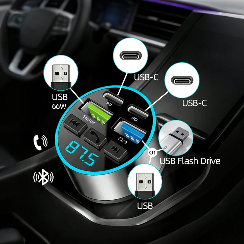 66W Car Cigarette Lighter Fast Charging Bluetooth 5.0 USB PD Type C Multiport Charger with LED Display FM Transmitter MP3 Player ATS Car Design