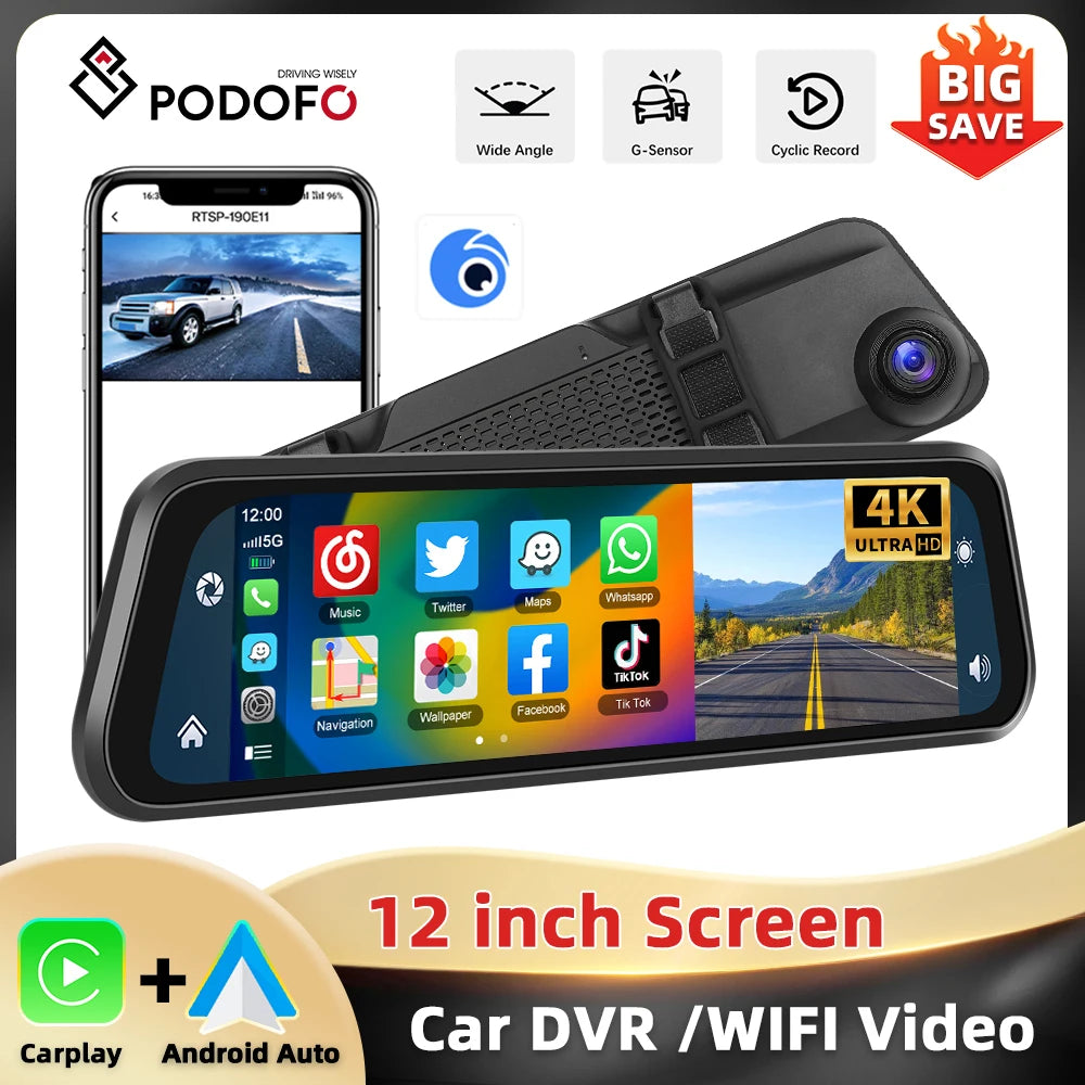 Podofo 12 ''Car Mirror Monitor 4K Ultra HD Recording Front Camera Car DVR Carplay Android Auto WIFI Voice Control Two-Way Video ATS Car Design