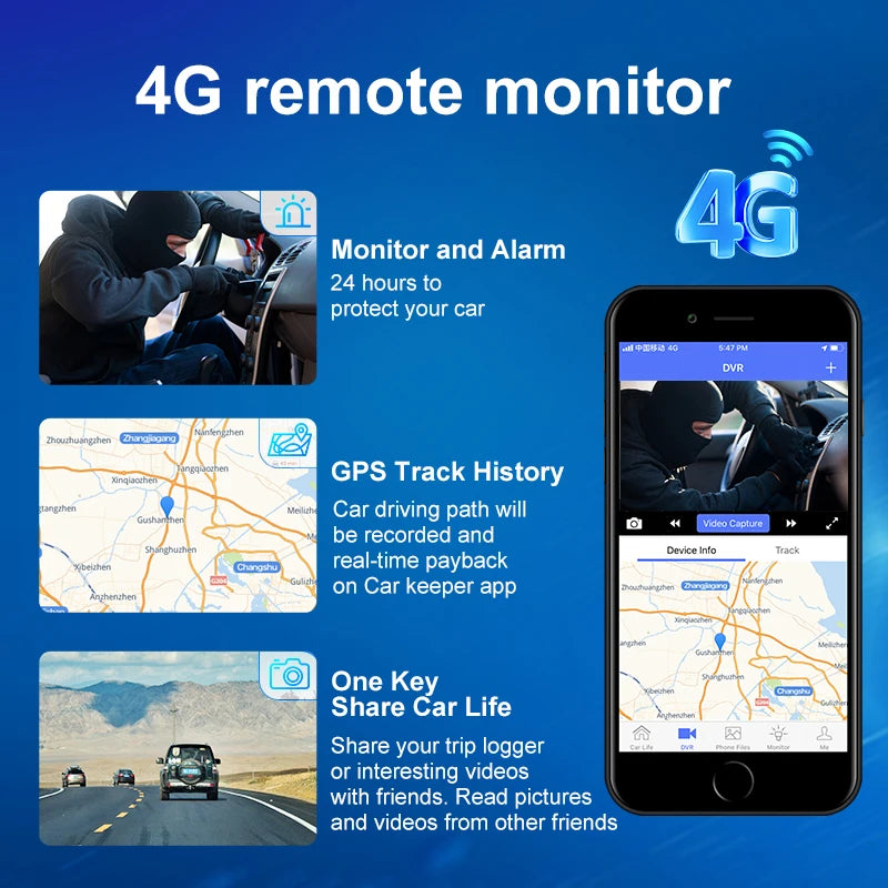 4G Smart Car DVR Android 13 ADAS Dash Cam GPS, 12'' Screen, Front and Rear 720P Cameras, 4G Live Streaming WiFi Parking Monitor ATS Car Design