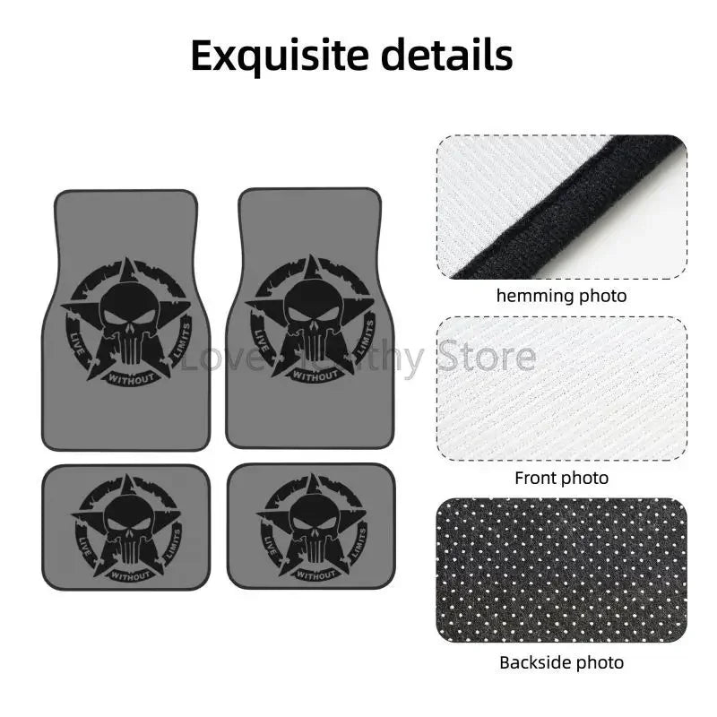 Military Tactical Skull Star Car Floor Mats Set of 4 Front and Rear Foot Mats Universal Car Accessories Decor for Van Sedan SUV ATS Car Design