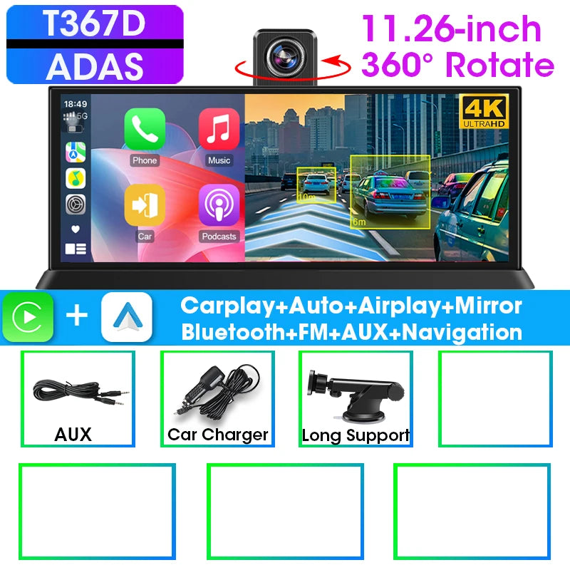 10/11.26" 4K ADAS Dash Cam 360° Rotate Front Len Car DVR Wireless Carplay Android Auto Adas GPS Navigation 1080P Dual Recording ATS Car Design