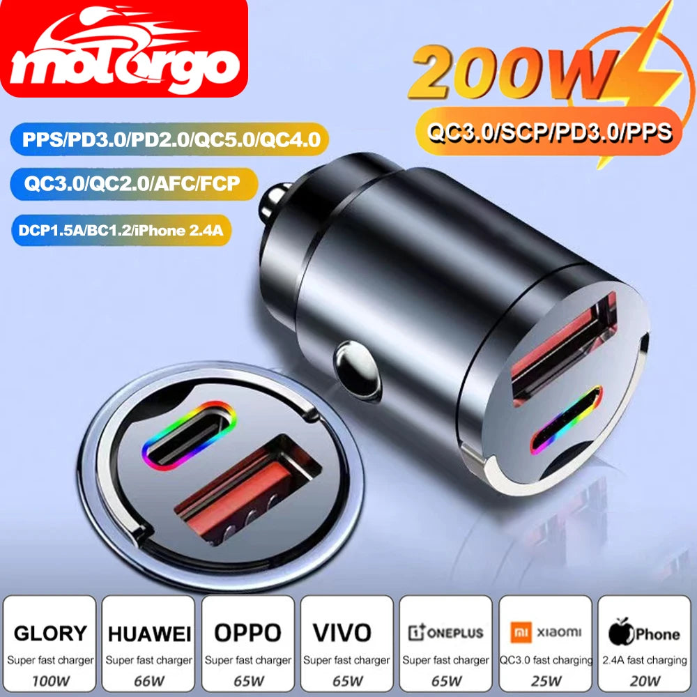 100W/200W QC3.0 PD Mini Car Charger 12-24V Lighter Fast Charging Car USB Type C Charger for Xiaomi Samsung Huawei iPhone Power ATS Car Design