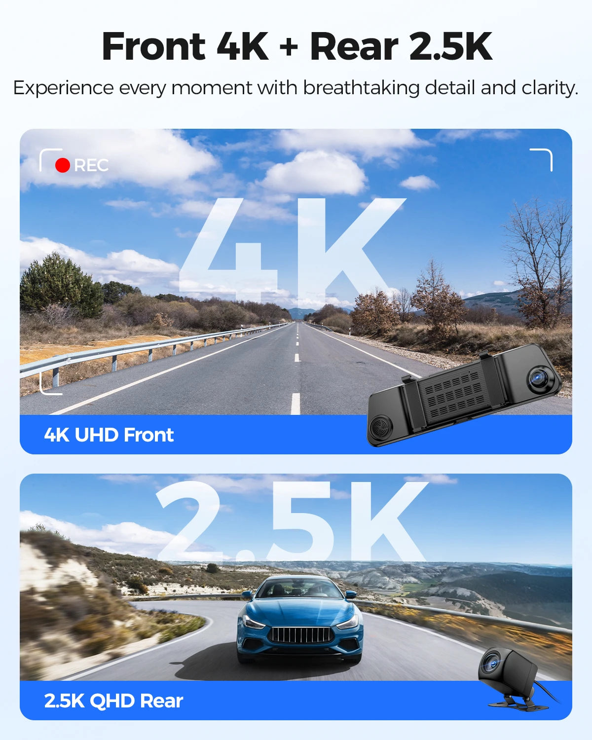 AZDOME PG17 Max 4K+2.5K Rearview Dash Cam 12'' Touch Screen Mirror Dash Cam with ADAS BSD LCA Car DVR Loop Recording 24H Parking ATS Car Design