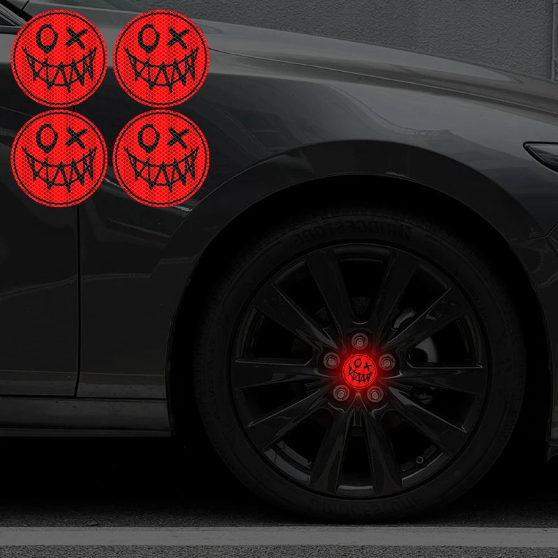 4PCS Reflective Smiling Face Car Stickers Waterproof Night Driving Safety Warning Vinyl Decals for DIY Car Truck SUV Wheel Hubs ATS Car Design
