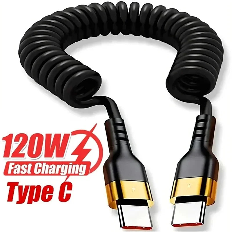 Type-C To Type-C Fast Charging Cable PD 120W 6A Spring Coiled Extendable Type C Cord Car Phone Charging Cable For iPhone Samsung ATS Car Design