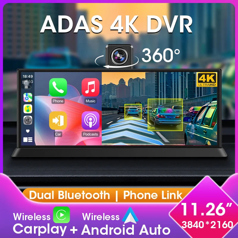 10/11.26" 4K ADAS Dash Cam 360° Rotate Front Len Car DVR Wireless Carplay Android Auto Adas GPS Navigation 1080P Dual Recording ATS Car Design