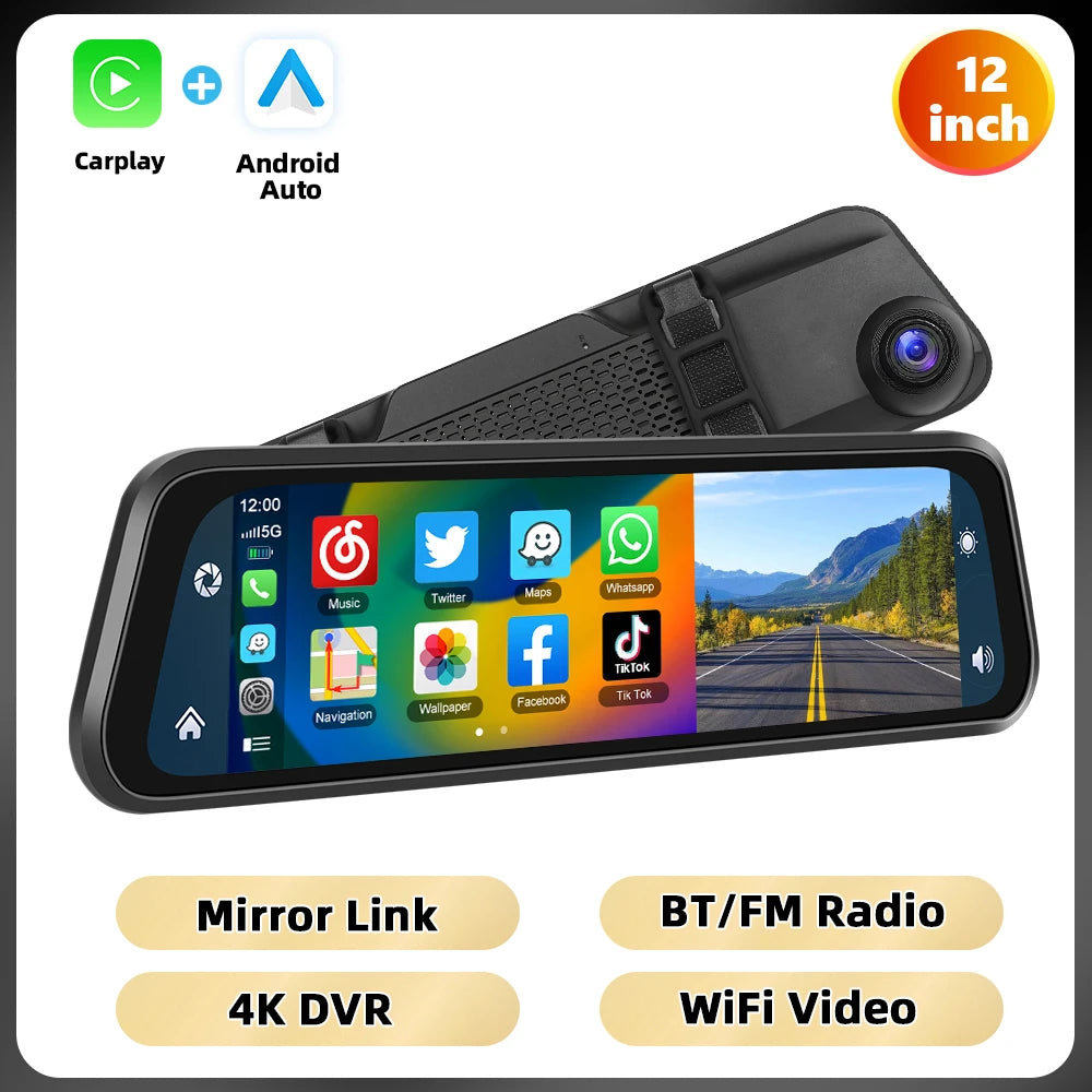 Podofo 12 ''Car Mirror Monitor 4K Ultra HD Recording Front Camera Car DVR Carplay Android Auto WIFI Voice Control Two-Way Video ATS Car Design