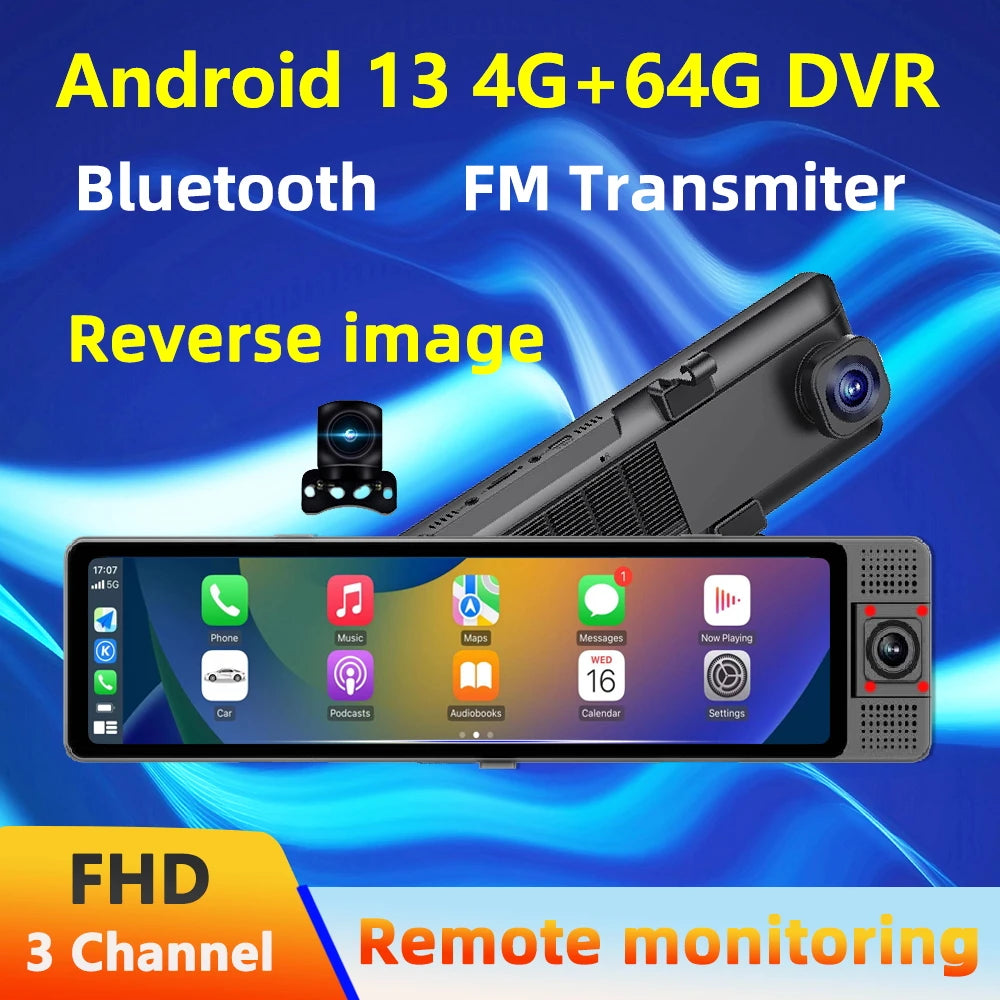 4G Smart Car DVR Android 13 ADAS Dash Cam GPS, 12'' Screen, Front and Rear 720P Cameras, 4G Live Streaming WiFi Parking Monitor ATS Car Design