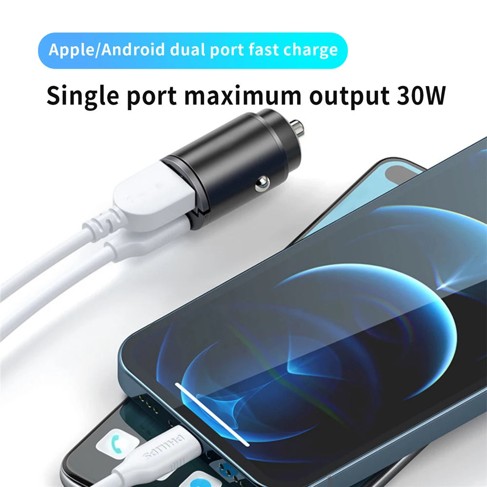 100W/200W QC3.0 PD Mini Car Charger 12-24V Lighter Fast Charging Car USB Type C Charger for Xiaomi Samsung Huawei iPhone Power ATS Car Design