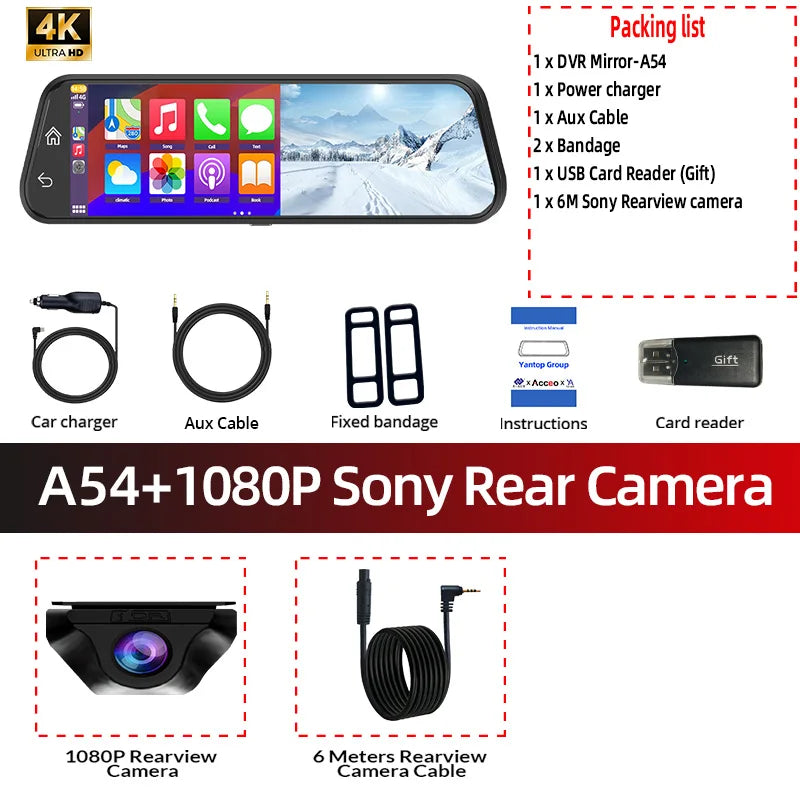 Acceo 4K Mirror Dash Cam Wireless CarPlay Android Auto Optional 1080P Rearview Camera 24H Parking Mode Loop Recording Car Camera ATS Car Design