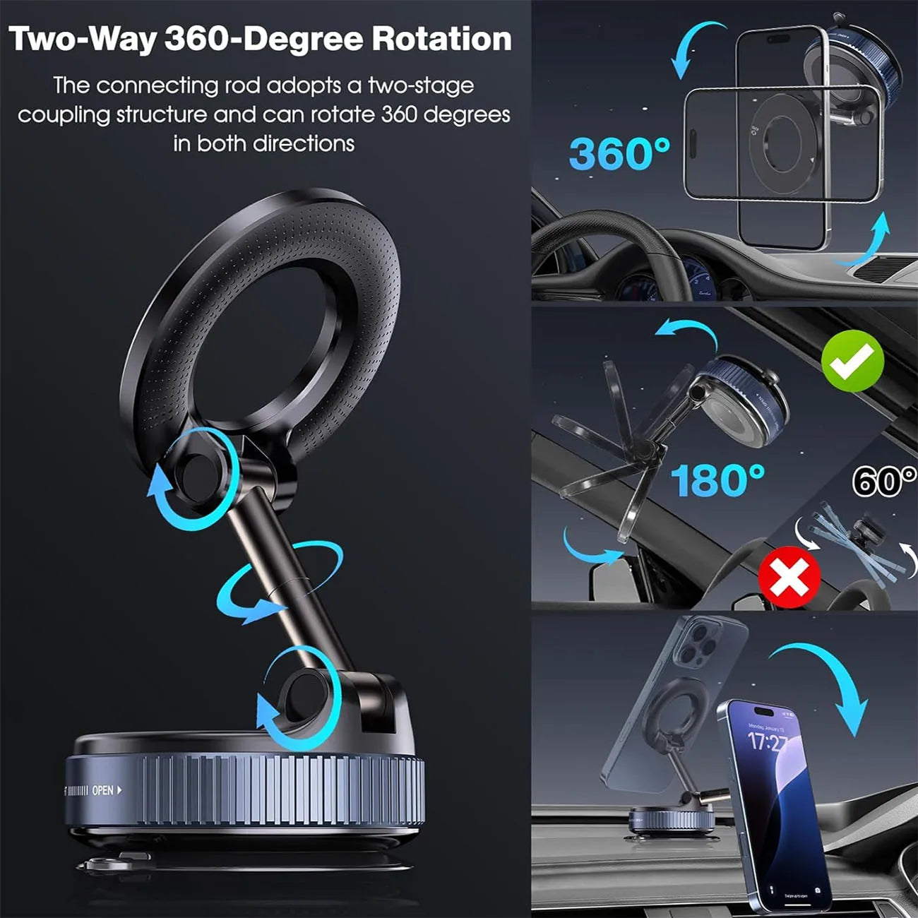 Magnetic Suction Cup Phone Mount for Magsafe 360° Adjustable Magnetic Car Phone Holder Pocket Size Foldable Car Mount ATS Car Design