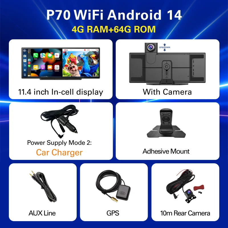 Imagebon P70 11.4" Android 14 8Core DVR Triple-view Camera Carplay/App:App Split Screen Recorder Youtube Spotify AI Dash Cam ATS Car Design