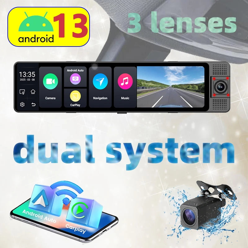 4G Smart Car DVR Android 13 ADAS Dash Cam GPS, 12'' Screen, Front and Rear 720P Cameras, 4G Live Streaming WiFi Parking Monitor ATS Car Design