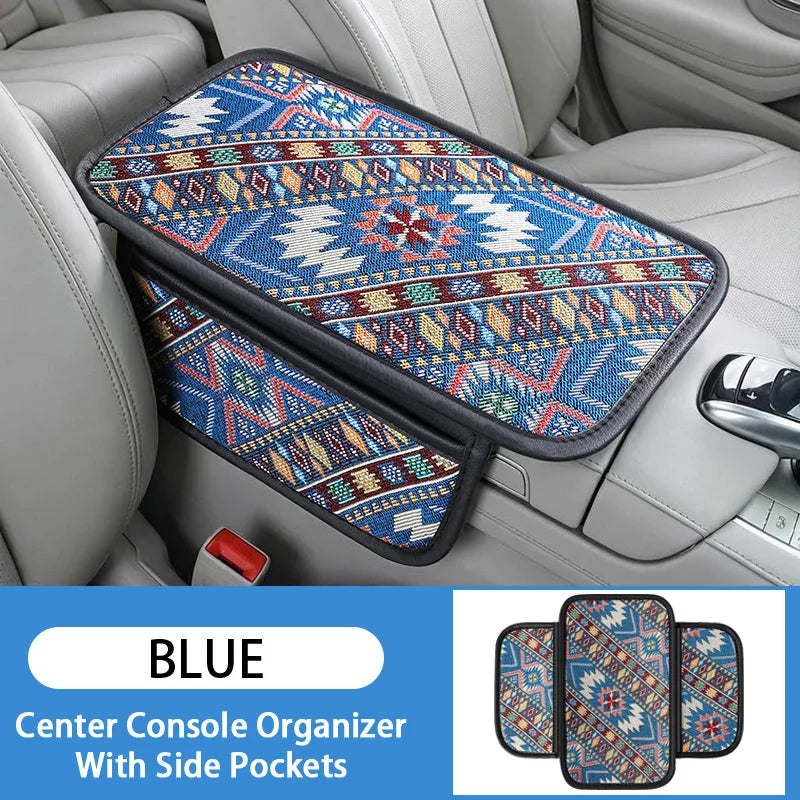 1PC Double pocket ethnic style patterned car center console armrest pad, breathable and non slip, car interior accessories ATS Car Design