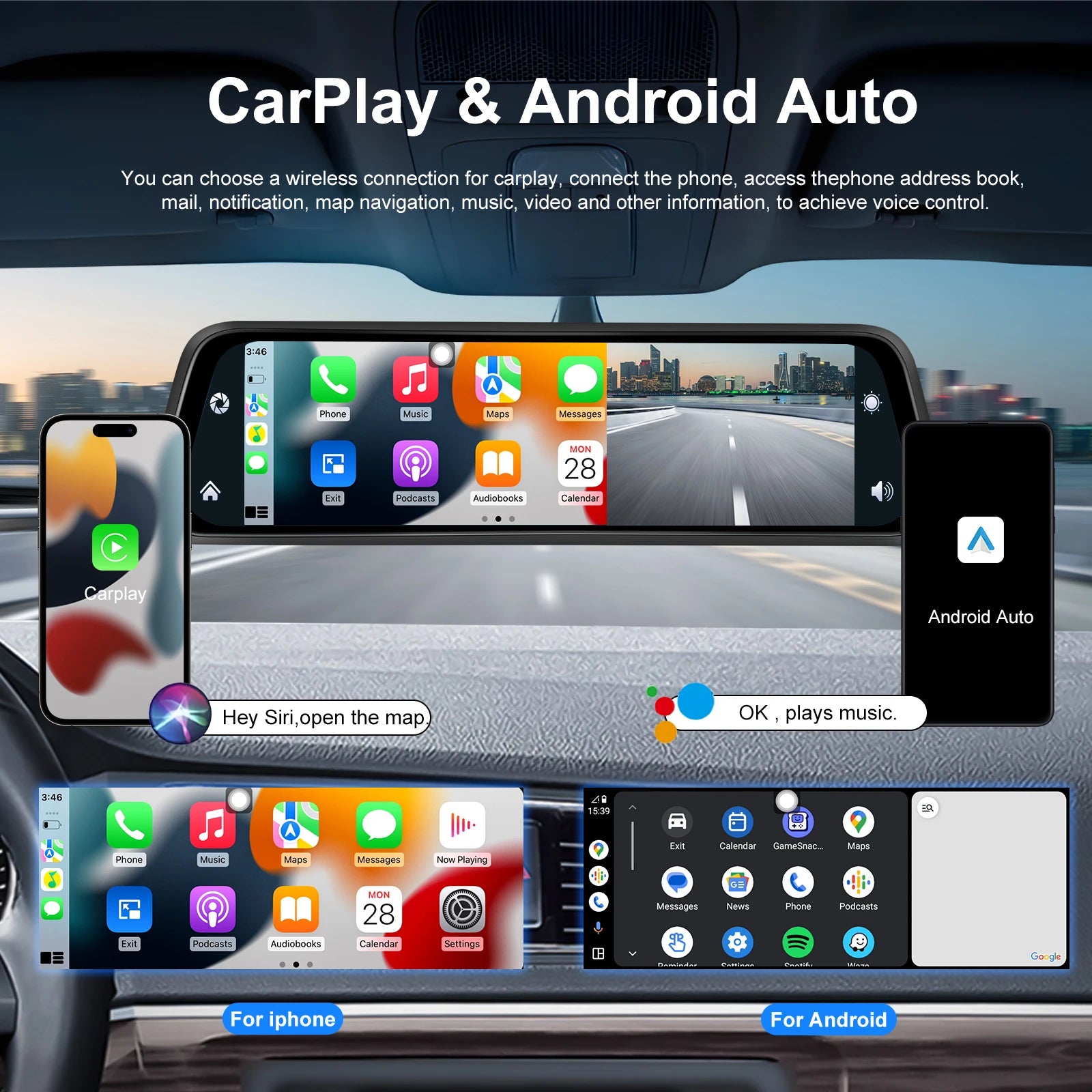 Podofo 12 ''Car Mirror Monitor 4K Ultra HD Recording Front Camera Car DVR Carplay Android Auto WIFI Voice Control Two-Way Video ATS Car Design