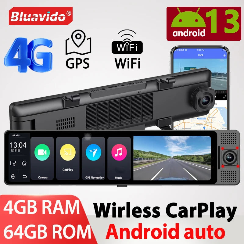 4G Smart Car DVR Android 13 ADAS Dash Cam GPS, 12'' Screen, Front and Rear 720P Cameras, 4G Live Streaming WiFi Parking Monitor ATS Car Design