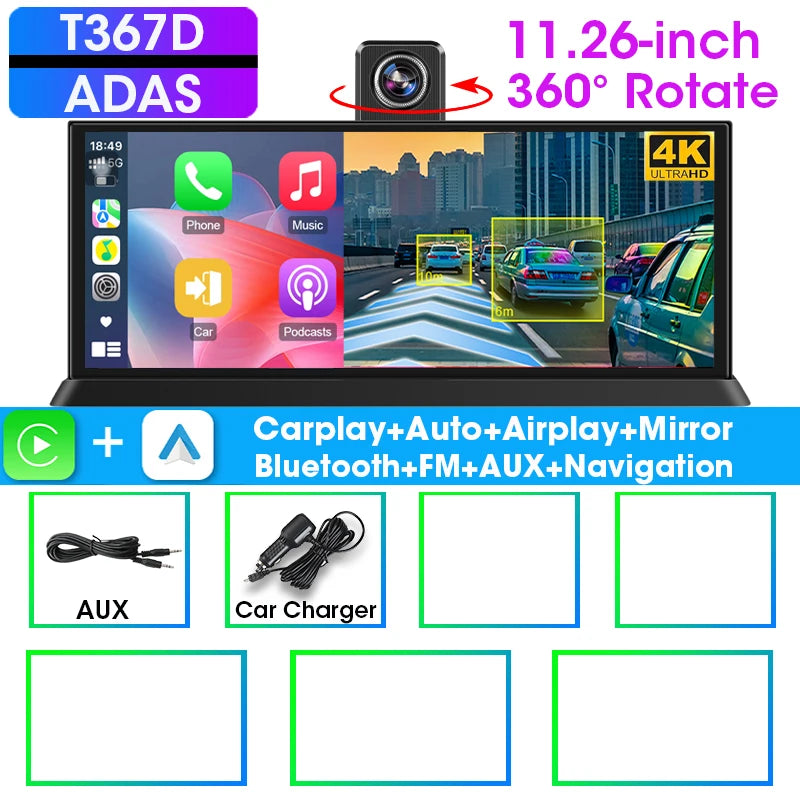 10/11.26" 4K ADAS Dash Cam 360° Rotate Front Len Car DVR Wireless Carplay Android Auto Adas GPS Navigation 1080P Dual Recording ATS Car Design