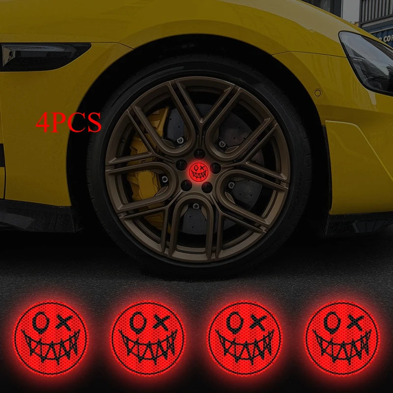 4PCS Reflective Smiling Face Car Stickers Waterproof Night Driving Safety Warning Vinyl Decals for DIY Car Truck SUV Wheel Hubs ATS Car Design