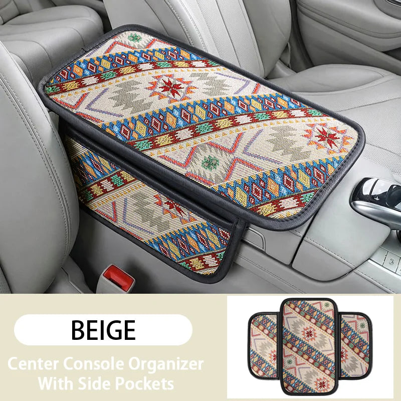 1PC Double pocket ethnic style patterned car center console armrest pad, breathable and non slip, car interior accessories ATS Car Design