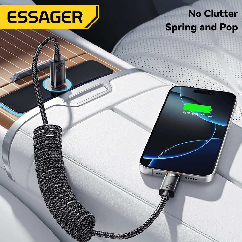 Essager Car Spring Type C Cable  For iPhone 16 15 Xiaomi Samsung 100W PD Fast Charging For Macbook iPad Type C to Type C Cable ATS Car Design