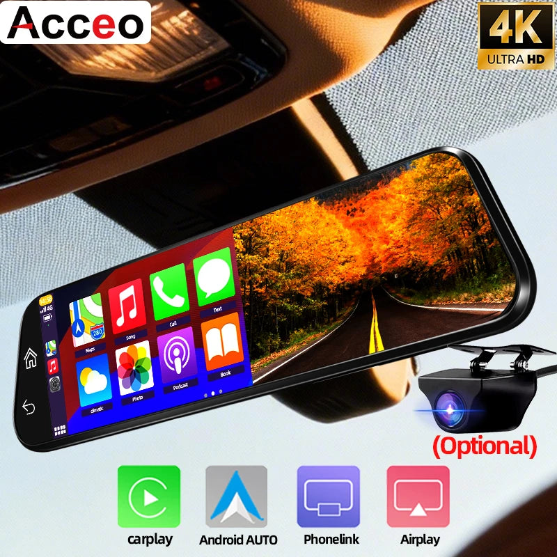 Acceo 4K Mirror Dash Cam Wireless CarPlay Android Auto Optional 1080P Rearview Camera 24H Parking Mode Loop Recording Car Camera ATS Car Design