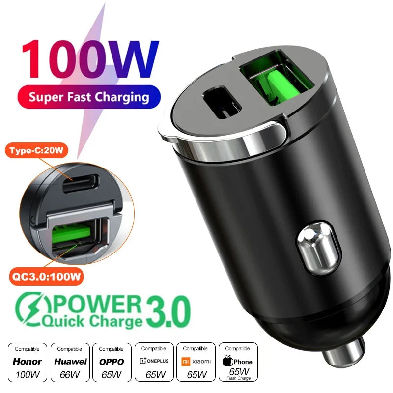 100W/200W QC3.0 PD Mini Car Charger 12-24V Lighter Fast Charging Car USB Type C Charger for Xiaomi Samsung Huawei iPhone Power ATS Car Design