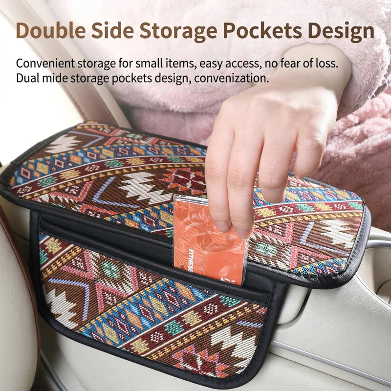 1PC Double pocket ethnic style patterned car center console armrest pad, breathable and non slip, car interior accessories ATS Car Design