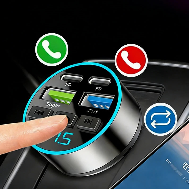 66W Car Cigarette Lighter Fast Charging Bluetooth 5.0 USB PD Type C Multiport Charger with LED Display FM Transmitter MP3 Player ATS Car Design