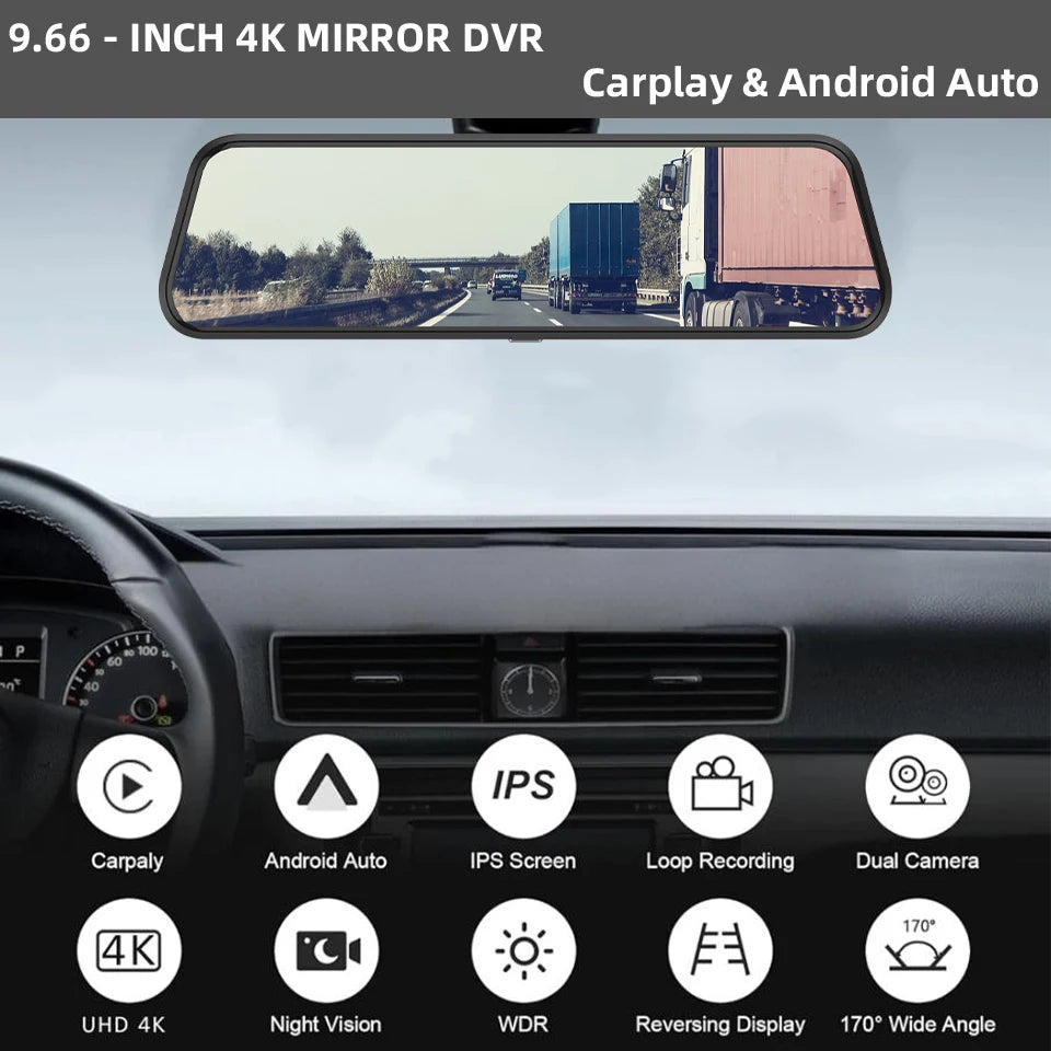 Acceo 4K Mirror Dash Cam Wireless CarPlay Android Auto Optional 1080P Rearview Camera 24H Parking Mode Loop Recording Car Camera ATS Car Design