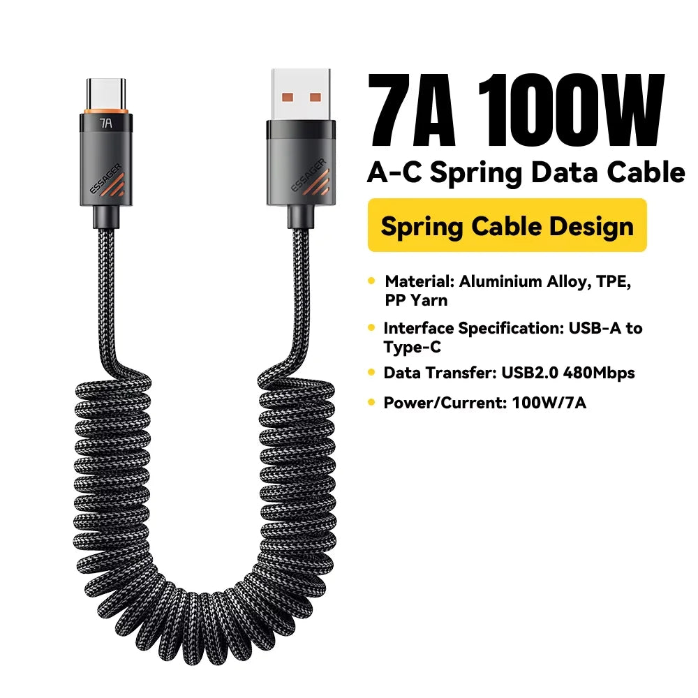 Essager Car Spring Type C Cable  For iPhone 16 15 Xiaomi Samsung 100W PD Fast Charging For Macbook iPad Type C to Type C Cable ATS Car Design