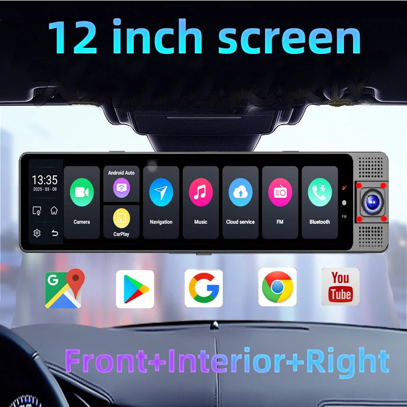 4G Smart Car DVR Android 13 ADAS Dash Cam GPS, 12'' Screen, Front and Rear 720P Cameras, 4G Live Streaming WiFi Parking Monitor ATS Car Design