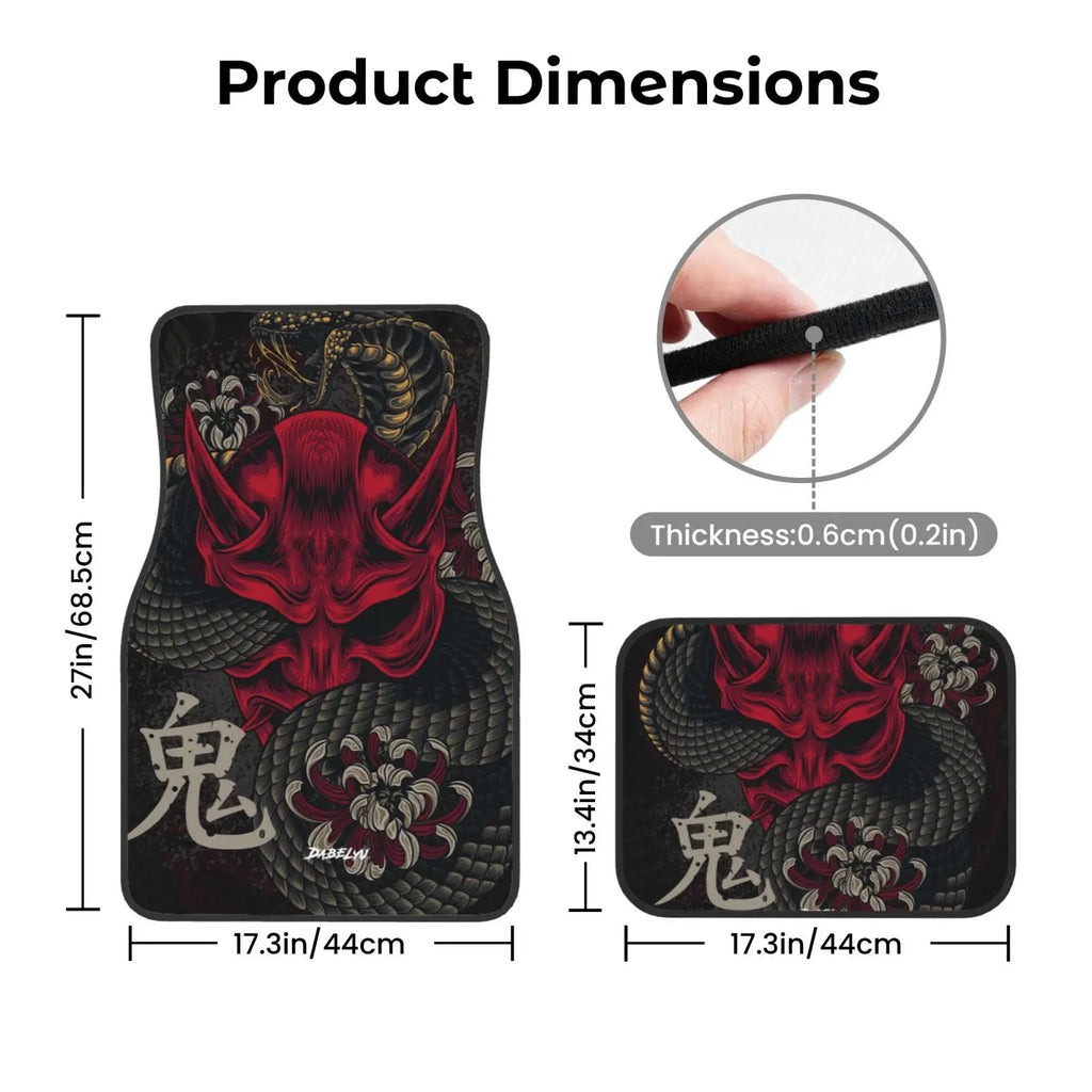 JAPANESE ART ONI MASK Snake Car Floor Mat 4-piece Set Suitable for All Car Floor Mat Accessories Crystal Velvet Floor Mats ATS Car Design