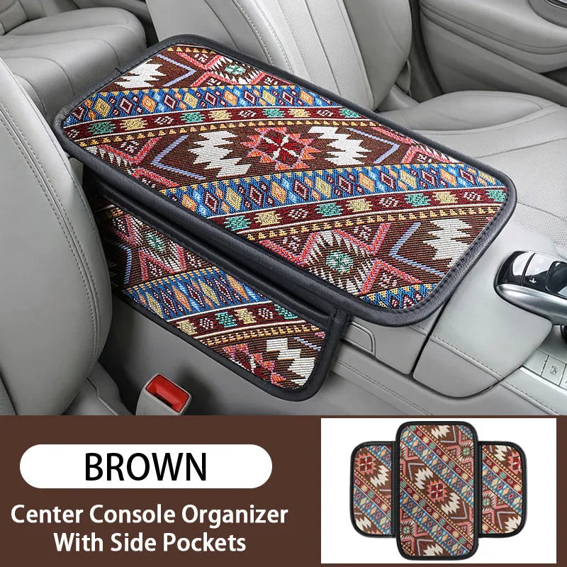 1PC Double pocket ethnic style patterned car center console armrest pad, breathable and non slip, car interior accessories ATS Car Design