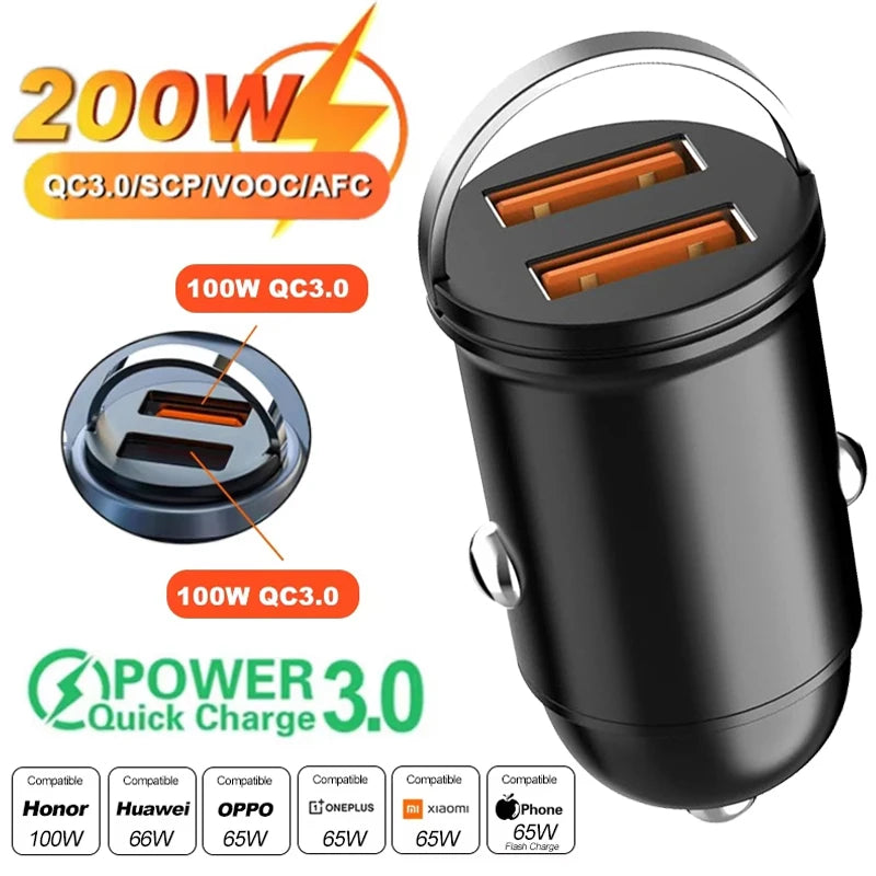 100W/200W QC3.0 PD Mini Car Charger 12-24V Lighter Fast Charging Car USB Type C Charger for Xiaomi Samsung Huawei iPhone Power ATS Car Design