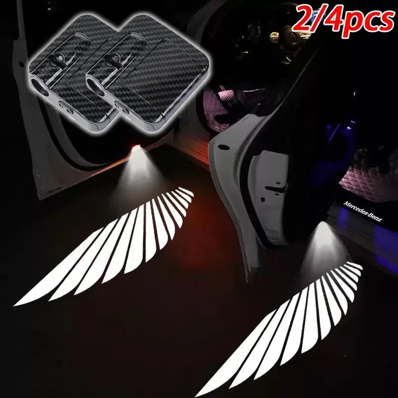 2/4PCS Car Door Welcome Light LED Angel Wings Projector Lamps Door Shadow Lights Wireless No Punching Required ATS Car Design