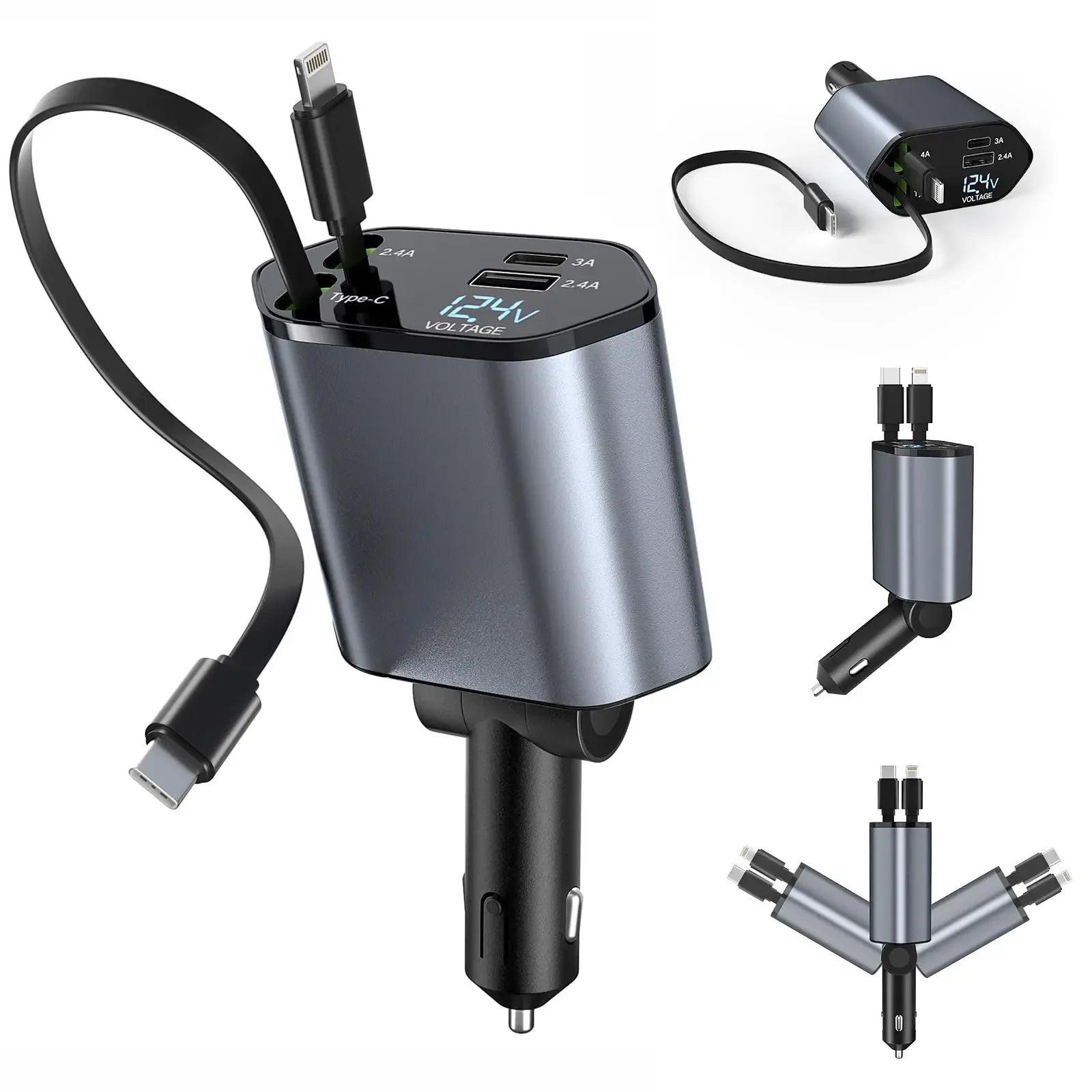 Retractable Car Charger 4 in 1 Fast Charging Car Charger 120W Dual Type-C Retractable Cable and 2 USB Ports Car Charger Adapter ATS Car Design