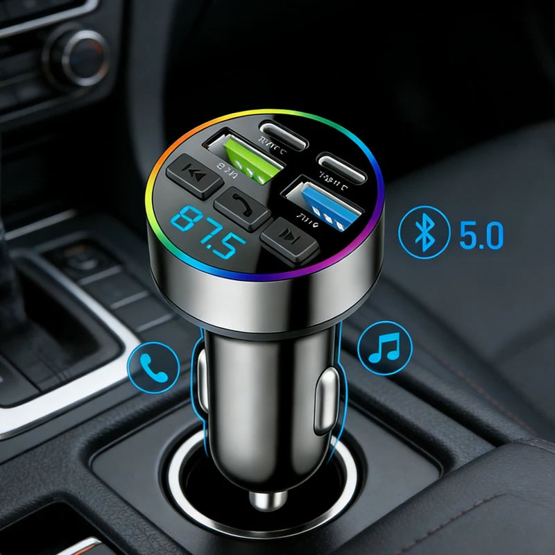 66W Car Cigarette Lighter Fast Charging Bluetooth 5.0 USB PD Type C Multiport Charger with LED Display FM Transmitter MP3 Player ATS Car Design