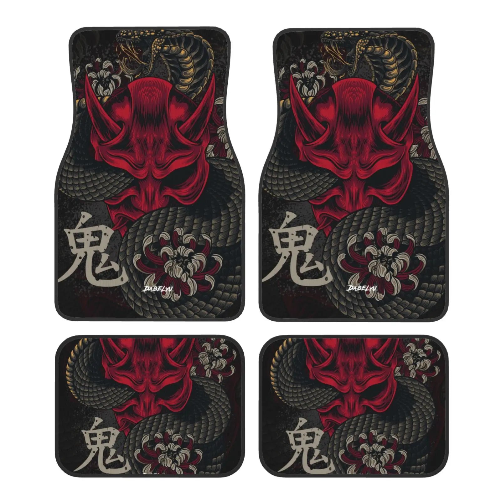 JAPANESE ART ONI MASK Snake Car Floor Mat 4-piece Set Suitable for All Car Floor Mat Accessories Crystal Velvet Floor Mats ATS Car Design