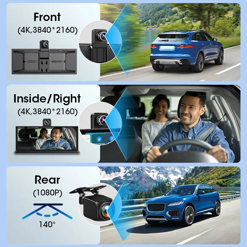 10/11.26" 4K ADAS Dash Cam 360° Rotate Front Len Car DVR Wireless Carplay Android Auto Adas GPS Navigation 1080P Dual Recording ATS Car Design