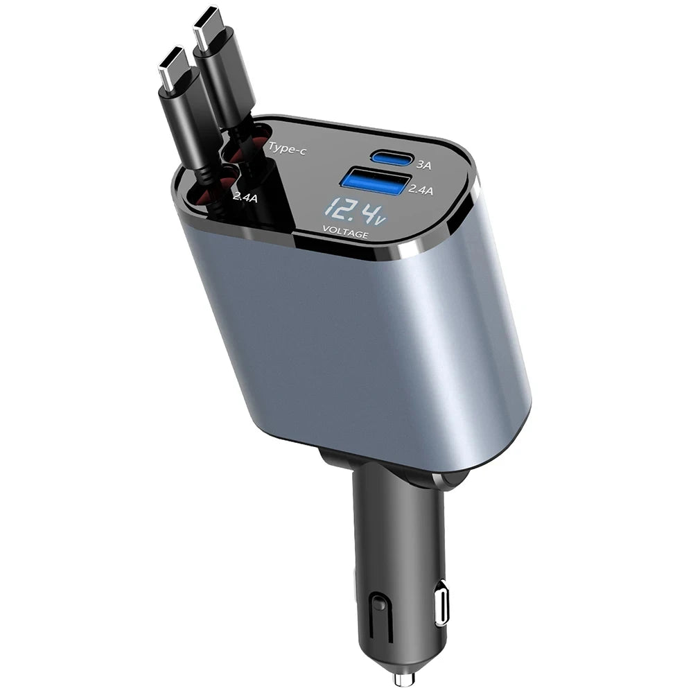 Retractable Car Charger 4 in 1 Fast Charging Car Charger 120W Dual Type-C Retractable Cable and 2 USB Ports Car Charger Adapter ATS Car Design