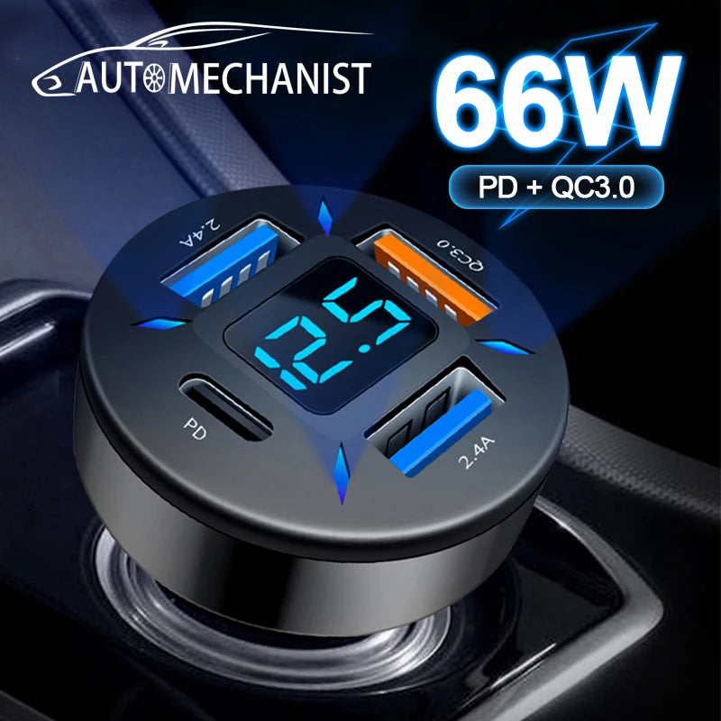 66W USB Type C Charger For Car PD 4 USB Car Quick Charge QC3.0 12/24 V Car Cigarette Lighter Socket Splitter For iPhone Huawei ATS Car Design